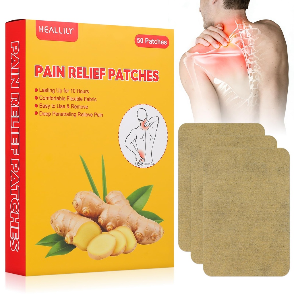 50Pcs Self-Heating Ginger Patch for Lymph and Blood Circulation, Hot Compress Pain Relief for Shoulder Neck Waist Back Hand Foot Knee Joint, Stomach Bloating and Muscle Soreness (12 * 8cm)
