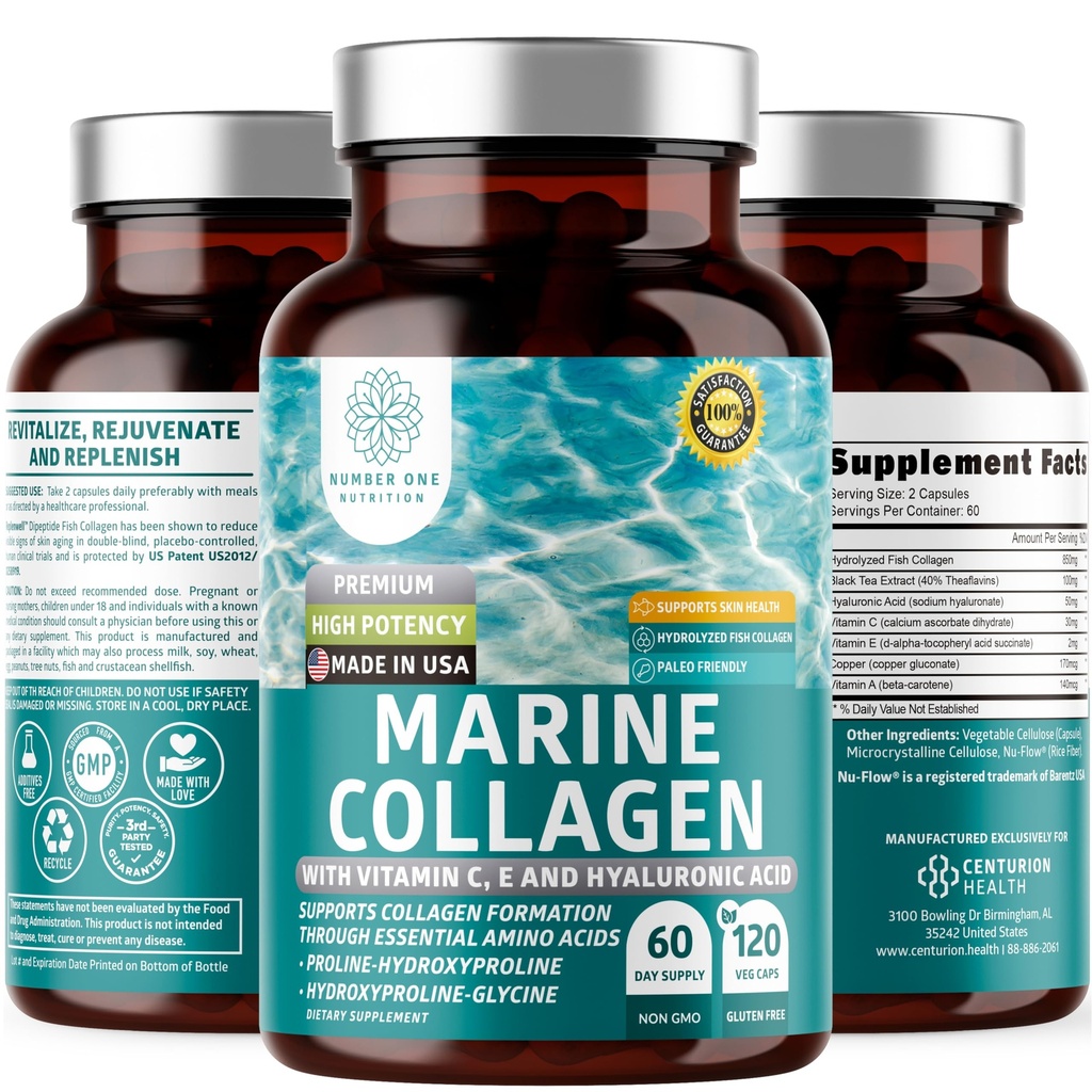 Premium Marine Collagen Διπεπτίδια με Υαλουρονικό Οξύ, Βιταμίνη C, Θεοφλαβίνη και Χαλκό, Συμπληρώματα Κολλαγόνου για γυναίκες και άνδρες για Ραδιενεργό Δέρμα, Μαλλιά & Καρφάκια, Χωρίς Γλουτένη και Μη ΓΤΟ, 120 Veg Caps