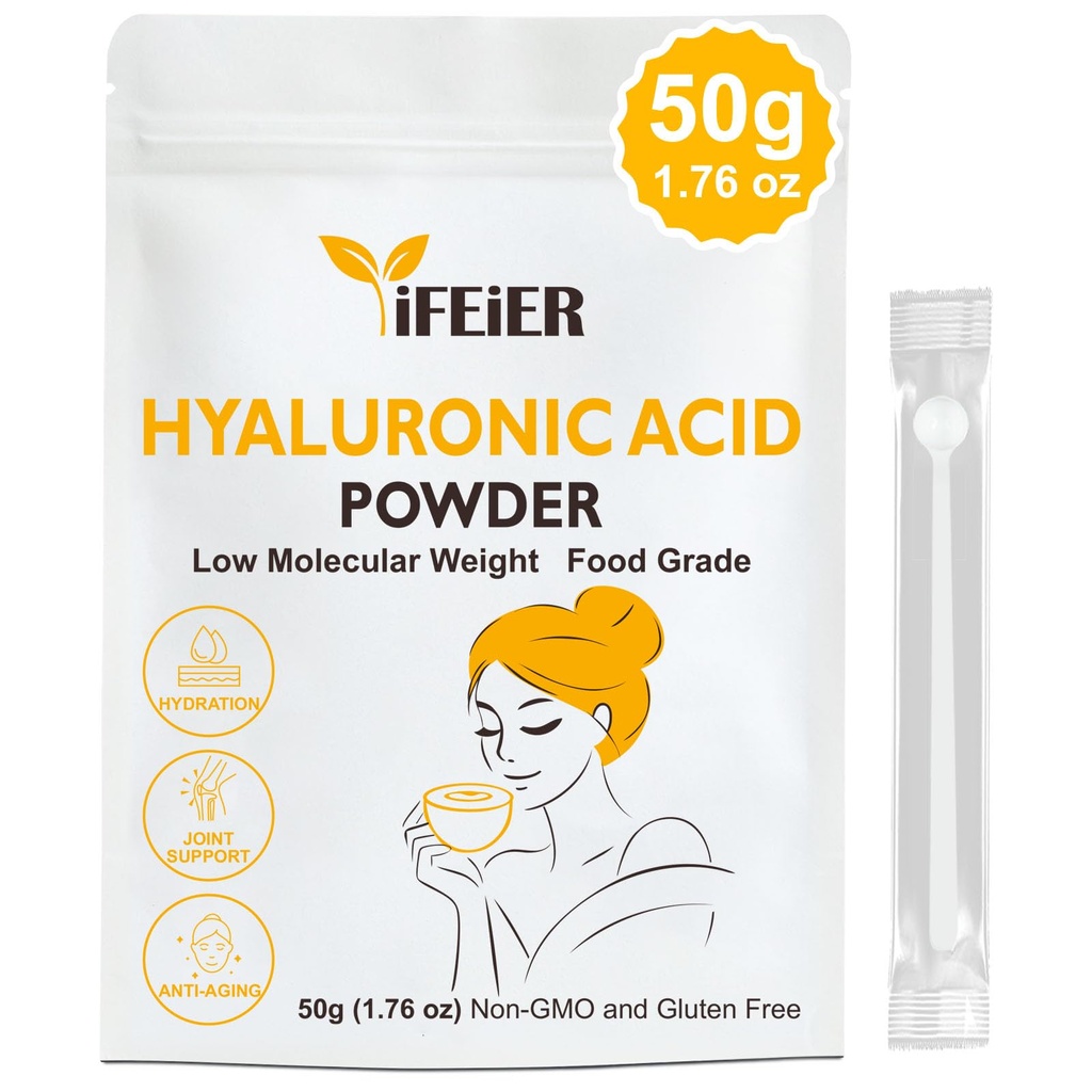 iFEiER Hyaluronic Acid Powder | Low Molecular Weight Food Grade Hyaluronic Acid | 50g(1.76oz) Sodium Hyaluronate Powder | HMW LMW HA | Skin Hydration and Joint Lubrication Supplements