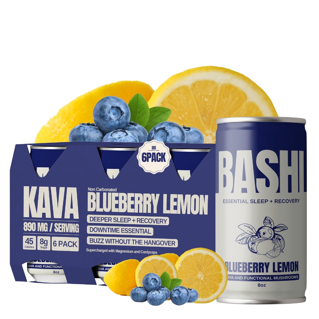 Bashi Kava Drink, Alcohol alternative, Calming Drink Mix for Natural Relaxation & Stress Relief - Plant-Based Kava Extract , Caffeine Free - Blueberry Lemon 8oz - 6 Pack