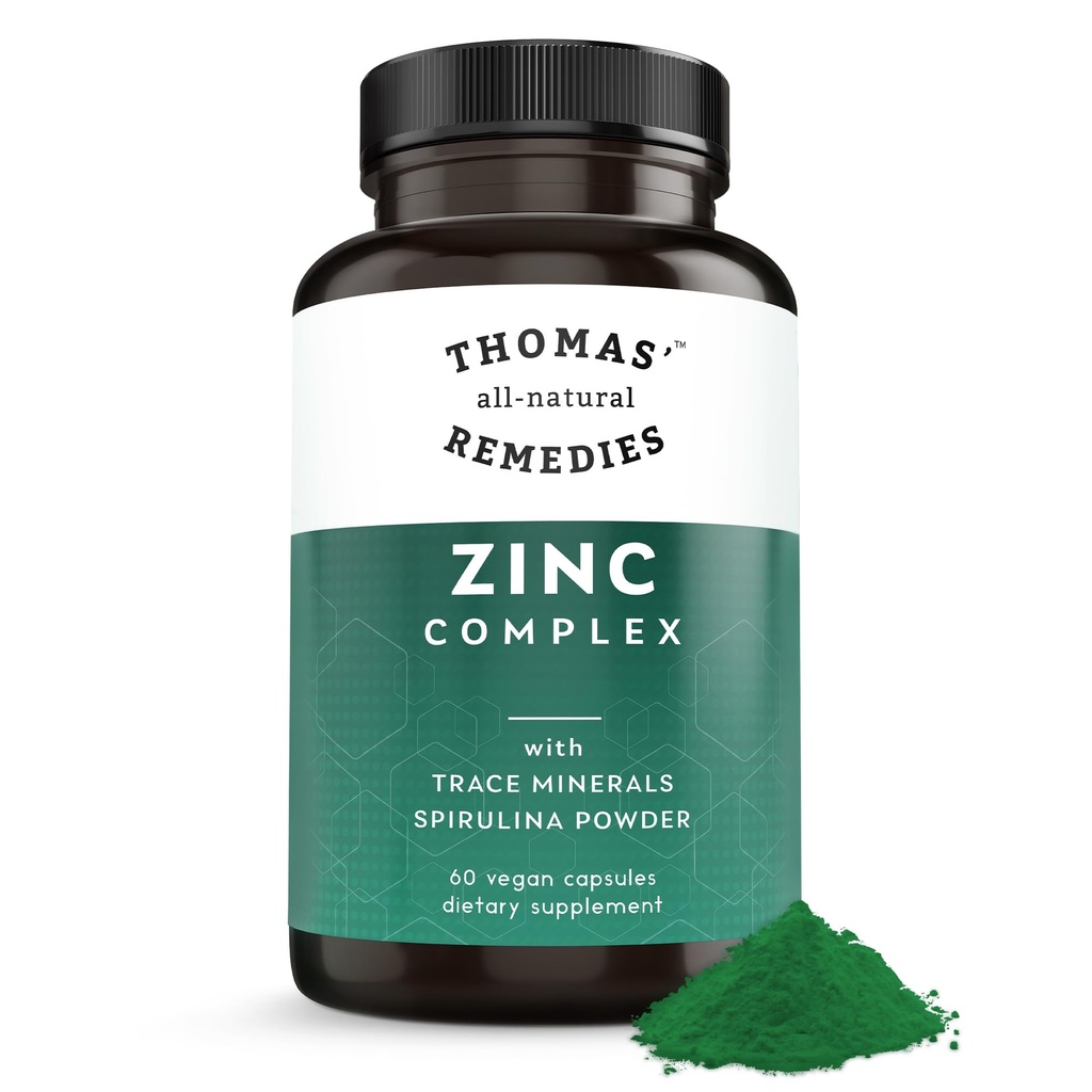 Thomas All-Natural Remedies Zinc Complex 26mg – 6 Zinc Forms for Maximum Absorption + Spirulina – Immune & Skin Support – Trace Minerals - 60 Capsules - Vegan, No Fillers, Made in USA