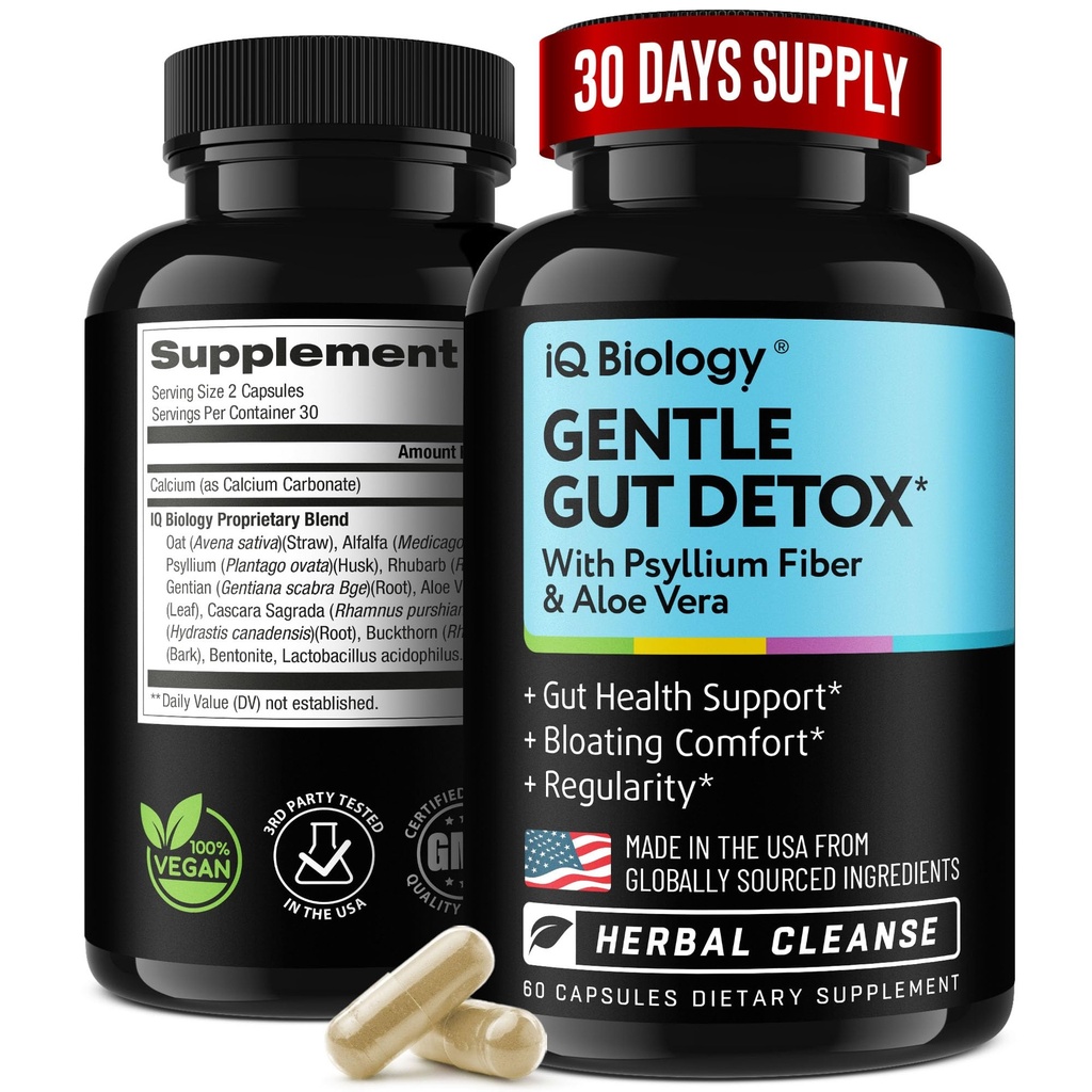 Gut Health Supplement with Psyllium Husk, Aloe Vera & Cascara Sagrada - Herbal Regularity Support with Probiotic & Soluble Fiber for Digestive, Gentle Cleanse & Bowel Movement Regularity - 60 Capsules
