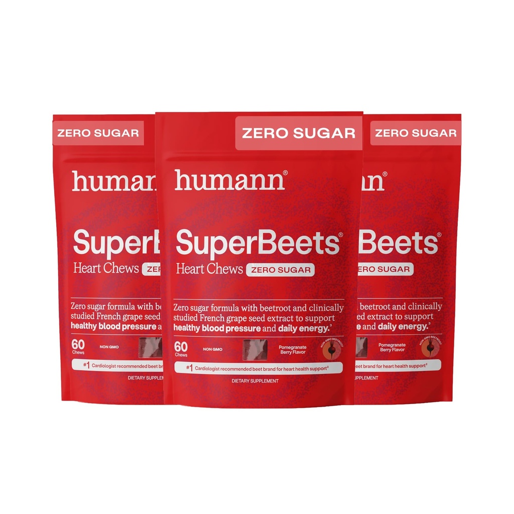 HumanN SuperBeets Heart Chews Zero Sugar, Beet Root Supplement, Energy, Nitric Oxide and Blood Pressure Support, Grape Seed Extract & Non-GMO, Heart Health, Pomegranate Berry Flavor, 180 Count