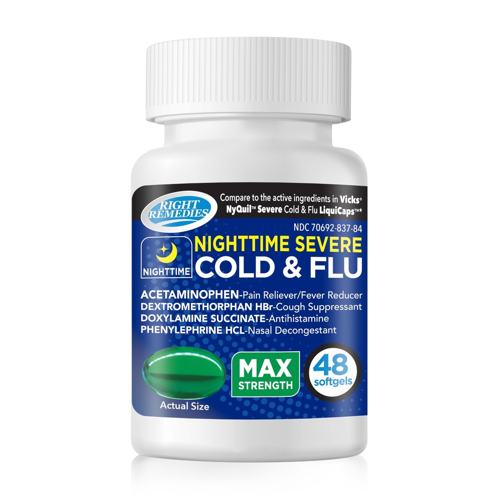 RIGHT REMEDIES - Nighttime Severe Cold and Flu Max Strength, Multi Sympton Relief, (48 Softgels), Acetaminophen 325mg, Dextromethorphan HBr 10mg, Doxylamine Succinate 6.25mg, Phenylephrine HCl 5mg