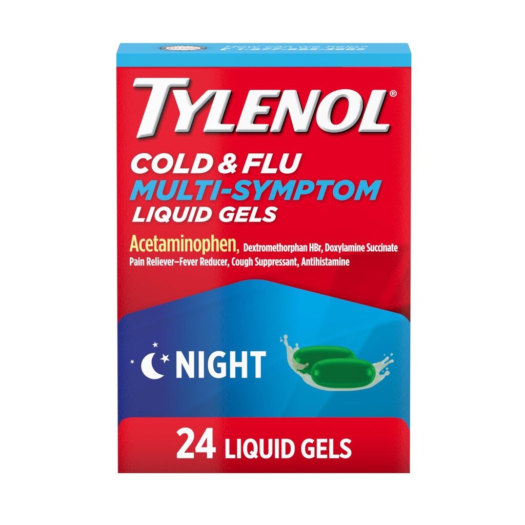 Tylenol Nighttime Cold & Flu Multi-Symptom Liquid Gels, Adult Cold & Flu Relief Medicine, Pain Reliever & Fever Reducer + Cough Suppressant & Antihistamine, 24 ct