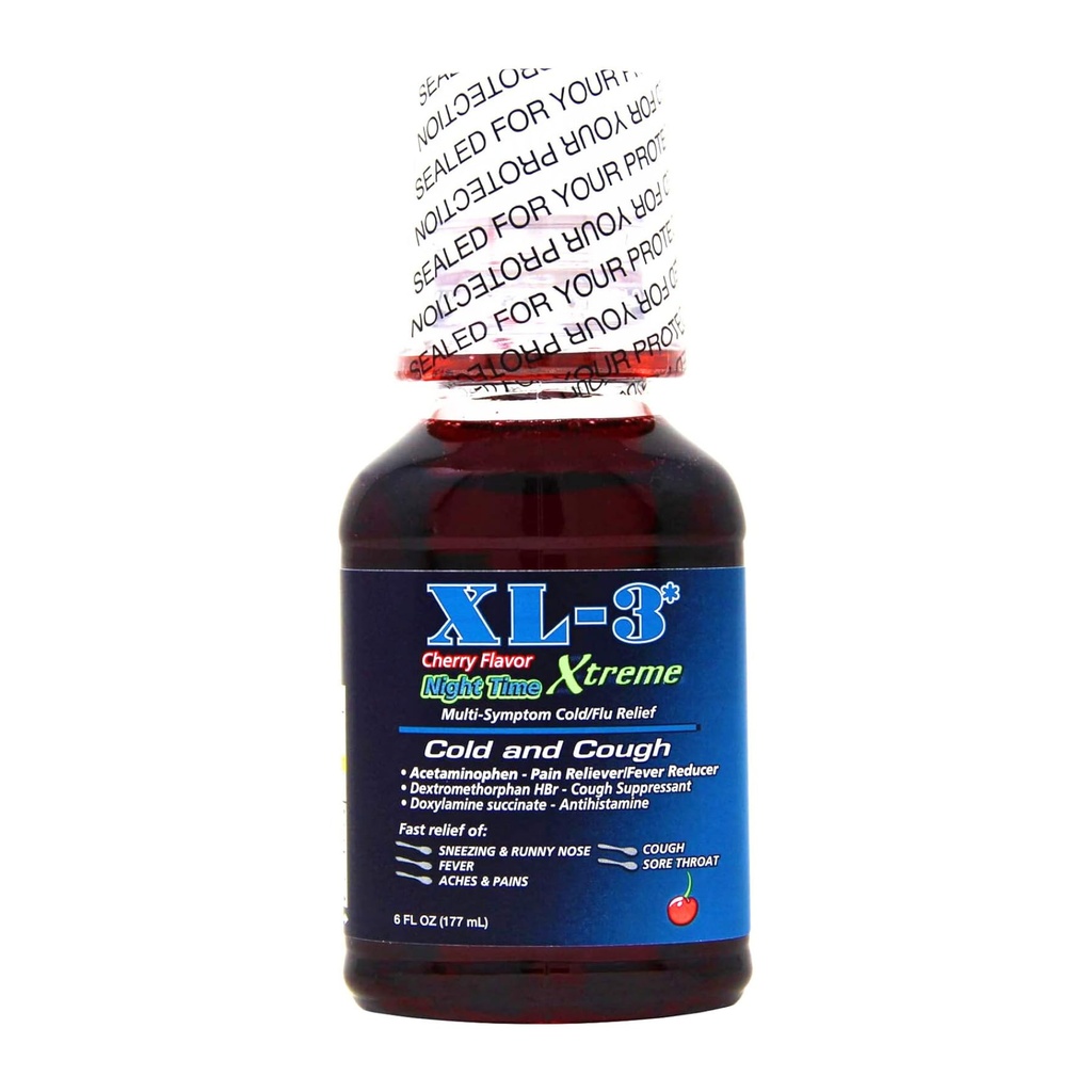 XL-3 Night Time, Non-Drowsy, for Cold and Flu Symptoms, Helps Relieve Nasal Congestion and Fever, 6 FL Oz, Bottle.