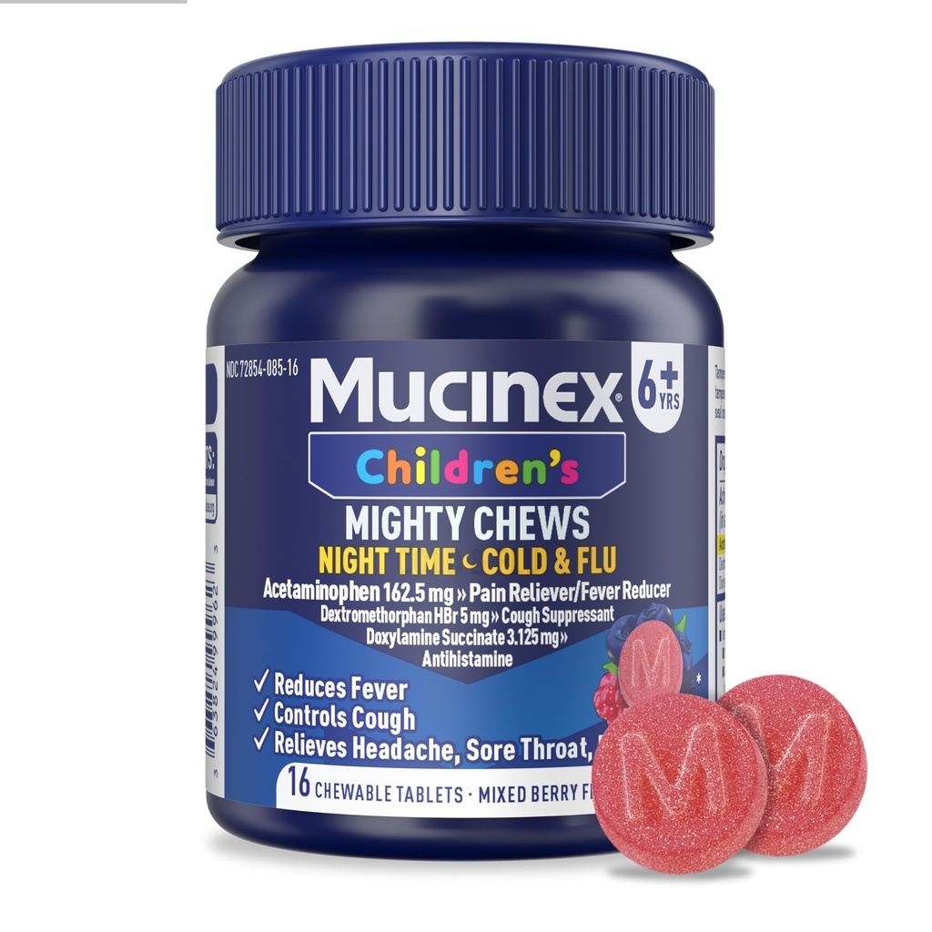 Mucinex Children's Mighty Chews Nighttime Cold and Flu Medicine, Children's Acetaminophen, Dextromethorphan, & Doxylamine Succinate, Kids Cough Medicine, Ages 6+, 16 Medicated Chewable Tablets