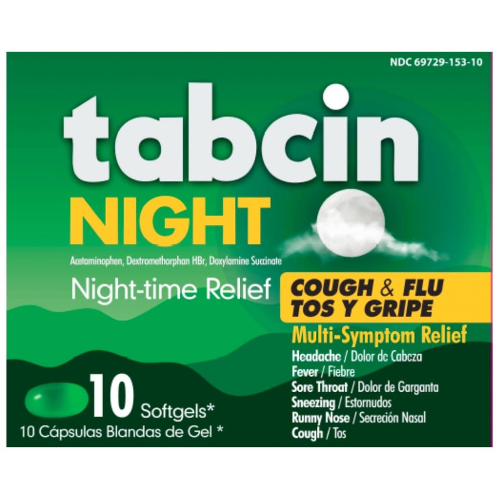 Tabcin Nighttime Relief Softgels, Multi-Symptom Nighttime Relief for a Good Night's Sleep, 10 Softgels
