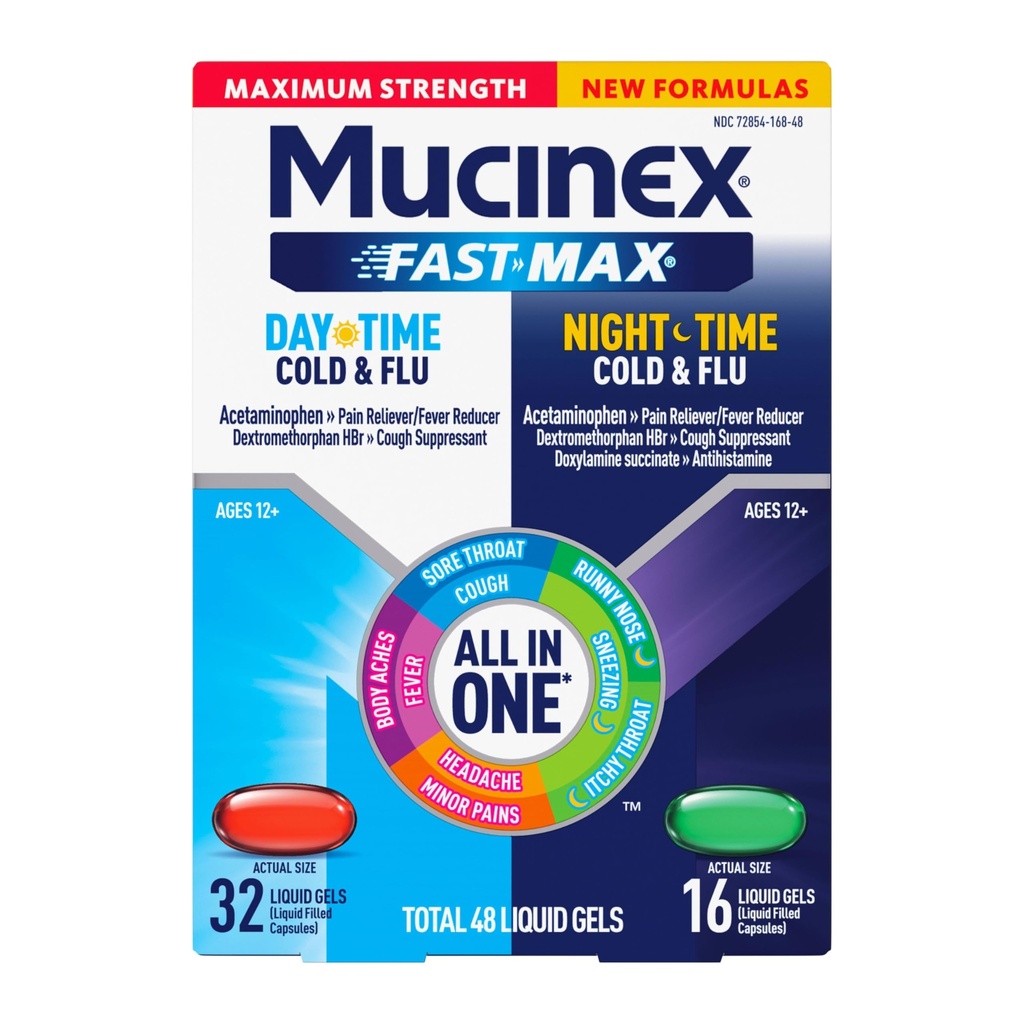 Mucinex Fast-Max Maximum Strength Day & Night Cold and Flu Medicine for Adults, Powerful Over-The-Counter Medication for Cold & Flu Symptoms, Fast Dissolving Liquid Gels, 48 Count