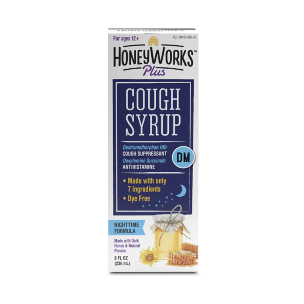 HoneyWorks Plus Cough Syrup with Organic Honey and DM, 8 Oz, Nighttime Cough Suppressant for Adults & Kids 12+ Years, Helps Soothe Throat Irritation