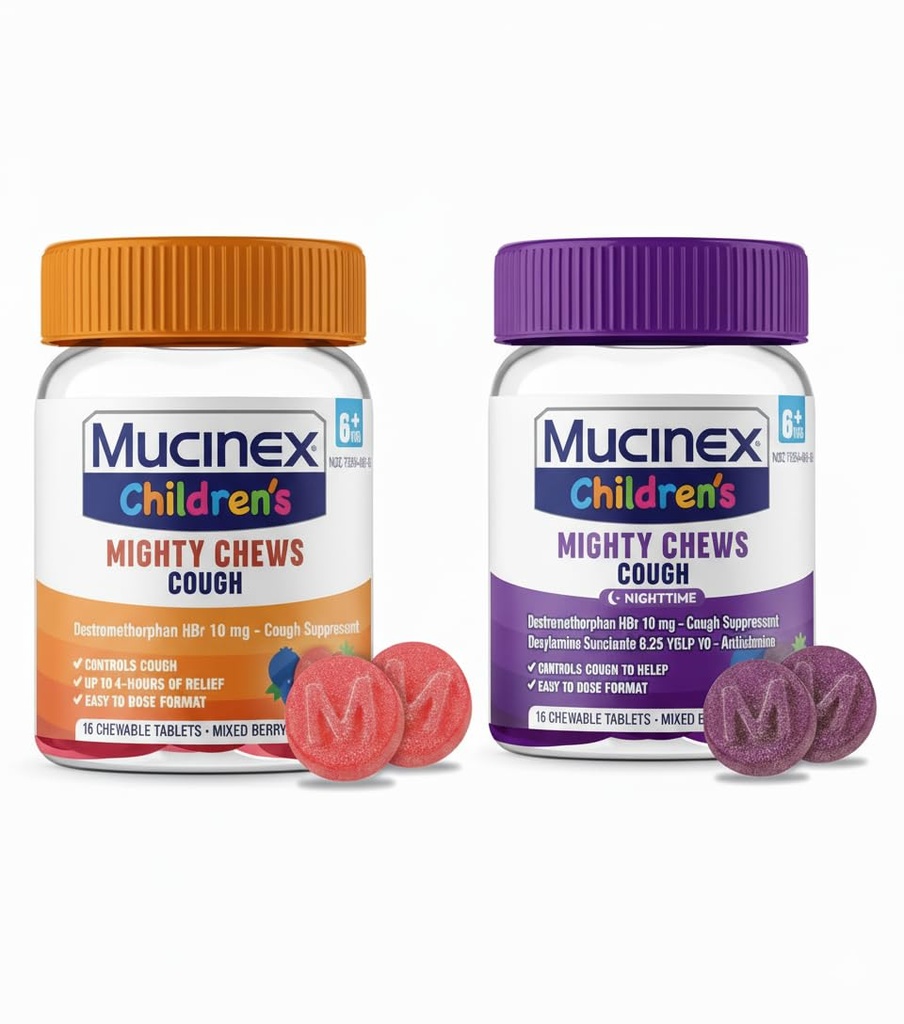 Mucinex Children's Mighty Chews Day and Night time Kids Cough Medicine, Easy to Dose Cough Suppressant, Kids Travel Medicine for Cough, Mixed Berry Flavor, 16 Chewable Tablets (Combo Pack)