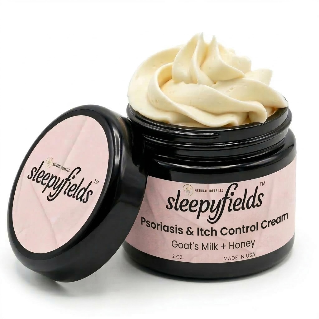 SLEEPY FIELDS Psoriasis & Itch Control Cream – Goat’s Milk + Honey for Dry, Flaky Skin – Natural Relief with Aloe Vera, Shea Butter – Non-Greasy, Hypoallergenic, Paraben-Free – 2oz.