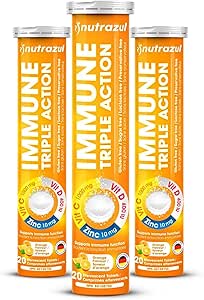 nutrazul Immune Triple Action Effervescent Tablet-1000 mg Vitamin C, Vitamin D, Zinc I Orange 20's (Pack of 3) I Gluten Free, Sugar Free, Lactose Free & Preservative Free I Maintains Immune Function