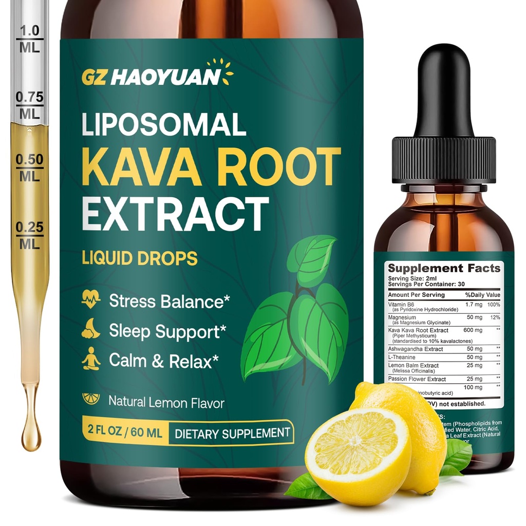 Liposomal Kava Kava Drops for Calming & Relaxation – Kava Root Extract Supplement with GABA, Ashwagandha & Magnesium - Support Mood & Better Sleep, Fast-Absorbing Vegan Kava Liquid Drops Lemon 2 Fl Oz
