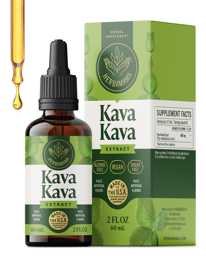 HERBAMAMA Kava Kava Drops - Vegan Relaxation & Mood Support with Root Extract - Non-GMO, Alcohol & Sugar-Free Liquid Calming Supplement, 84-Day Supply