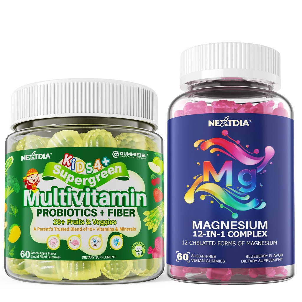 Nextdia 1 Pack Kids Multivitamin Gummies for Kids + 2 Pack Magnesium 12 in 1 Complex for Women Men 500mg