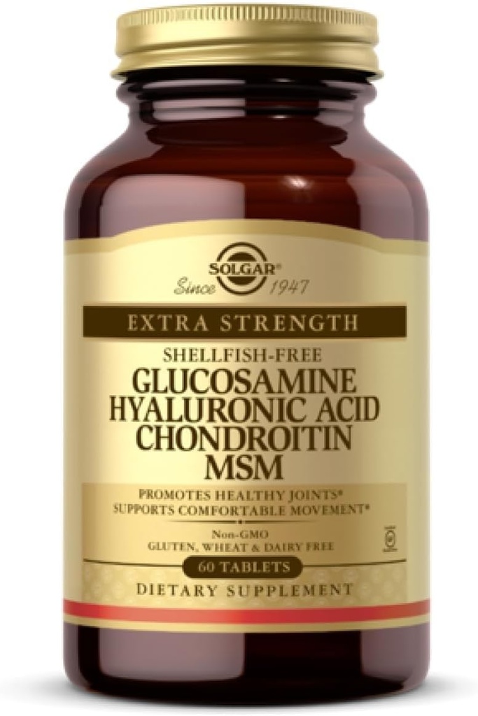 Solgar Glucosamine Hyaluronic Acid Chondroitin MSM (Shellfish-Free), 60 Tablets - Κοινή Υποστήριξη & Άνεση - Υποστηρίζει Ενεργούς τρόπους ζωής - Μη ΓΤΟ, Χωρίς γλουτένη, Γαλακτοκομικά Χωρίς - 20 Σερβιέτες