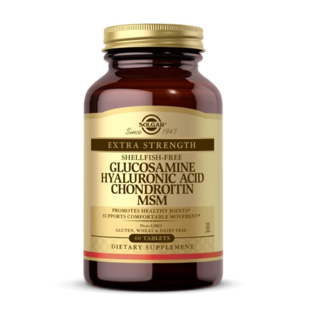 Solgar Glucosamine Hyaluronic Acid Chondroitin MSM (Shellfish-Free), 60 Tablets - Κοινή Υποστήριξη & Άνεση - Υποστηρίζει Ενεργούς τρόπους ζωής - Μη ΓΤΟ, Χωρίς γλουτένη, Γαλακτοκομικά Χωρίς - 20 Σερβιέτες