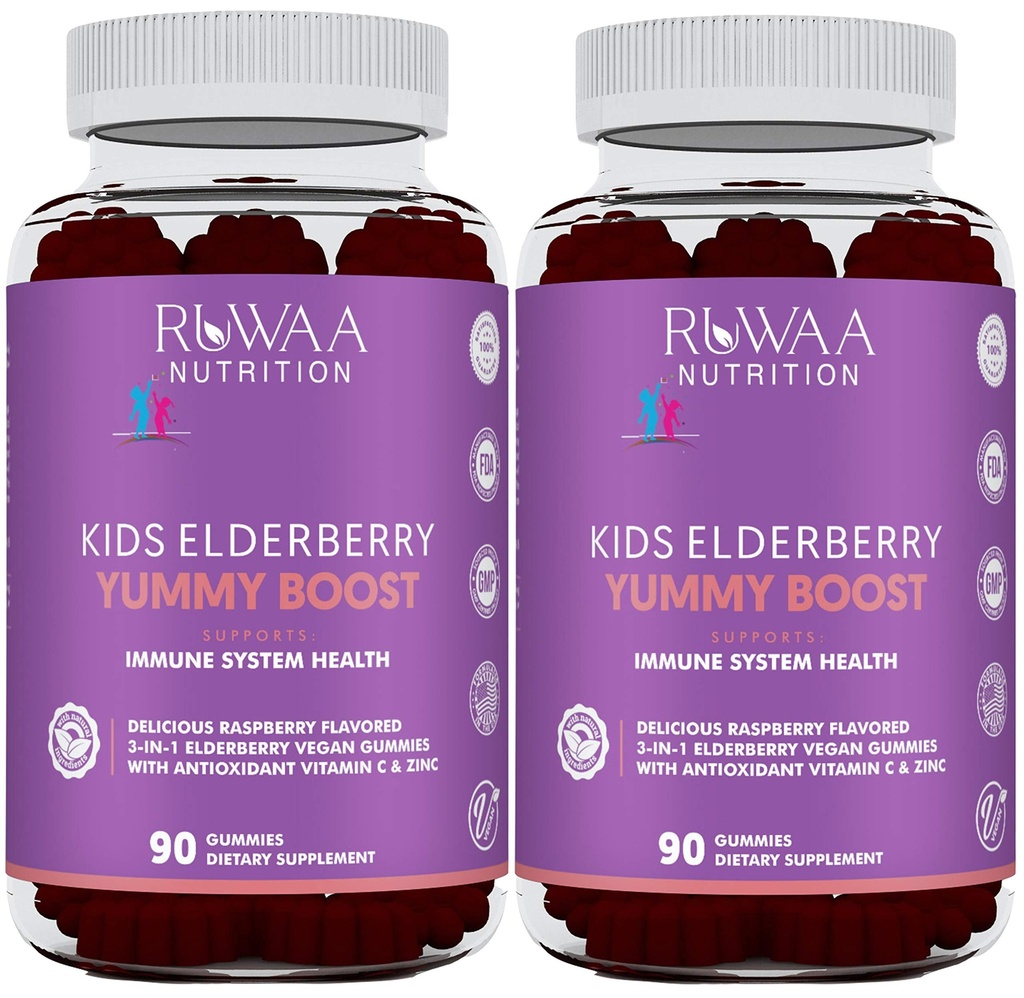 RUWAA NUTRITION Elderberry Gummies for Kids, Vitamin C & Zinc Supplement for Immune Support, Bone, Brain, Lung, Skin, Chewable Children's Immunity Vitamins, Gluten Free, Non-GMO (2)