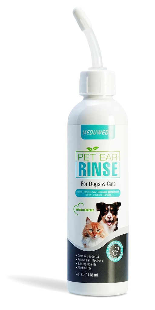 MEDUWEDU Dog Ear Cleaner, Dog Ear Care Liquid, Dog and Cat Ear Cleaner to Eliminates Ear Odour, Dirt and Debris Pet Ear Cleaner Solution,Remove Wax, Dirt & Stop Smelly, Itchy, Non-Irritating, 4 Fl oz