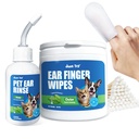 3 IN 1 Ear Cleaner Kit for Dog & Cat Ear Infection Treatment Without Irritation Ear Wash for Itch Relief Inflammation Ear Wax -Ear Rinse (60ml ) + Finger Wipes (40 Counts)+ Cotton Swab (100 PCS)