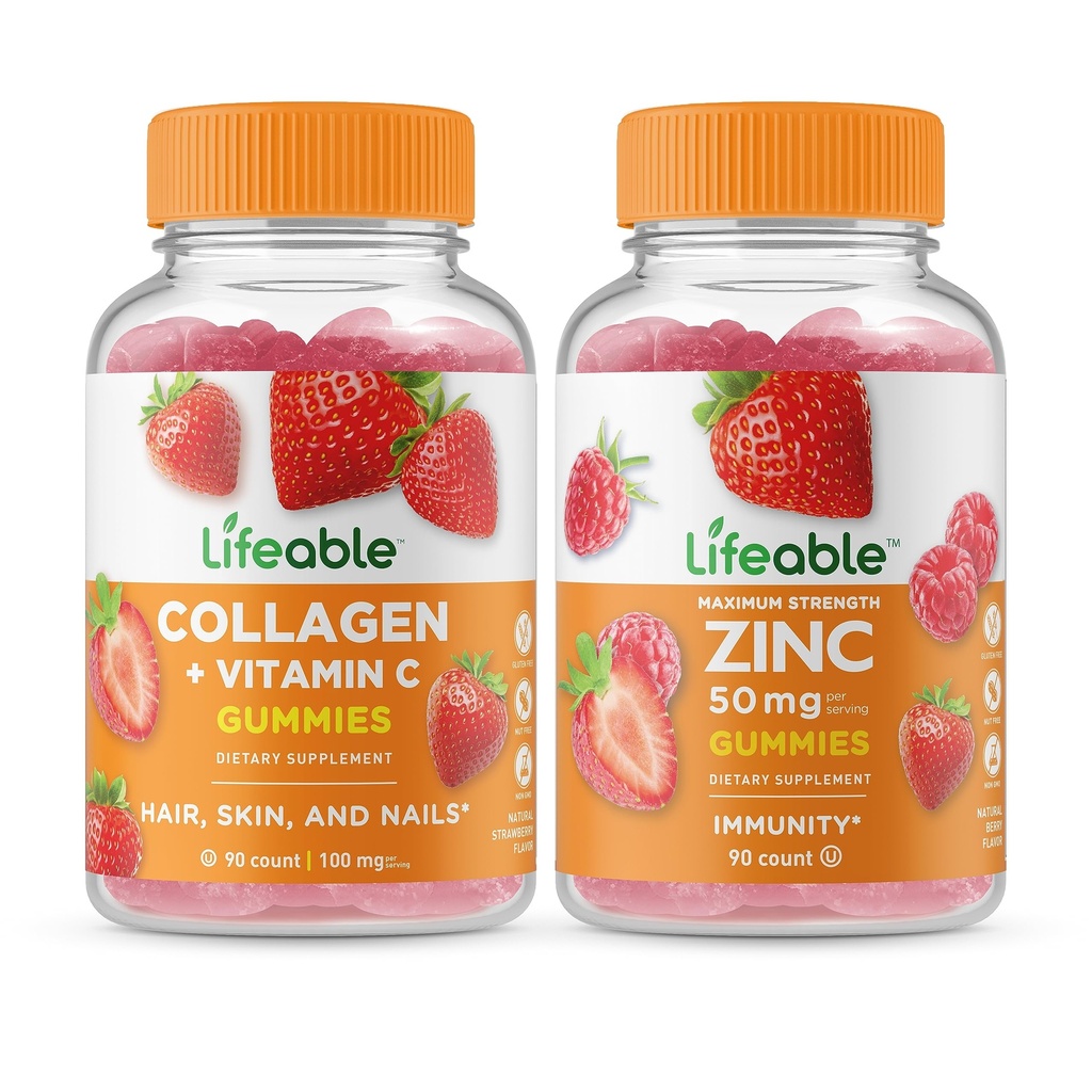 Ζωηρό Κολλαγόνο & Βιταμίνη C + Ψευδάργυρος 50mg, Gummies Bundle - Μεγάλη γεύση, συμπλήρωμα βιταμίνης, χωρίς γλουτένη, GMO δωρεάν, Μασώμενα Gummy