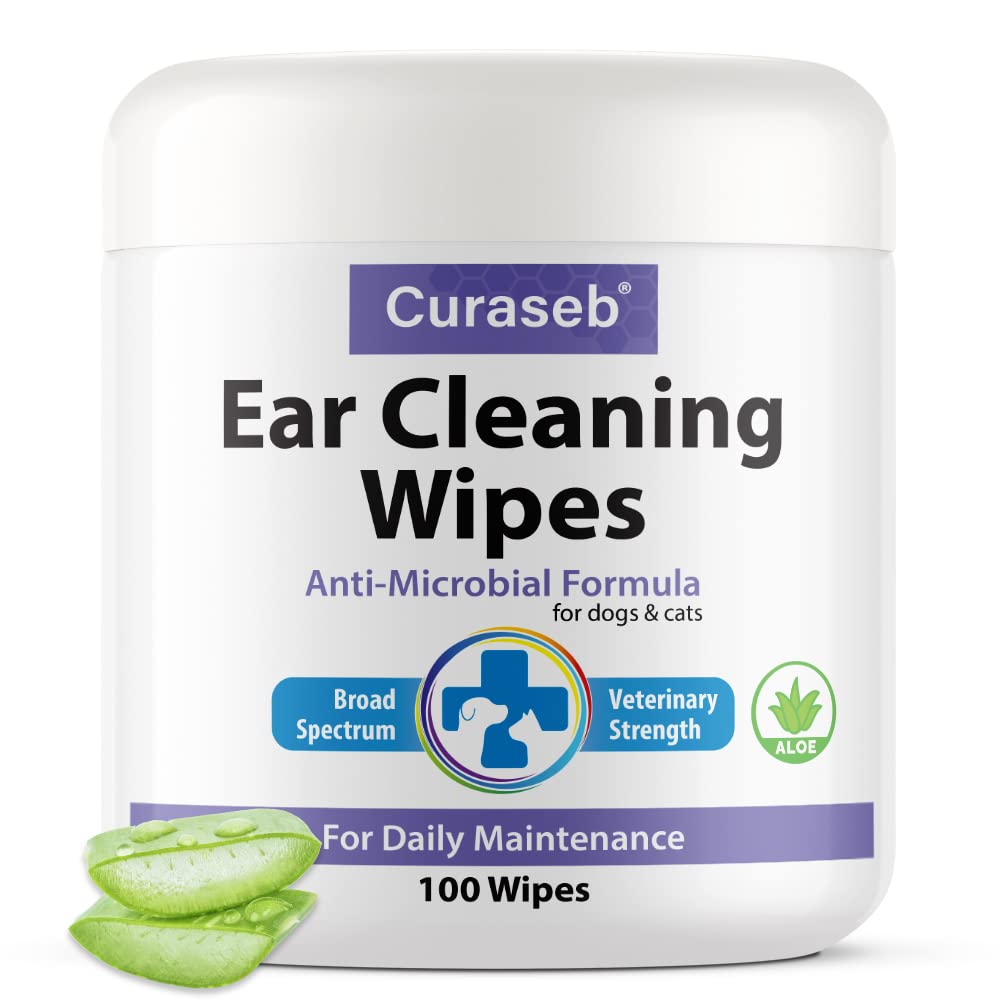 Curaseb Cat and Dog Ear Wipes – Cleans, Deodorizes and Soothes Ear Issues with Soothing Aloe Vera – Vet Strength – 100 Wipes
