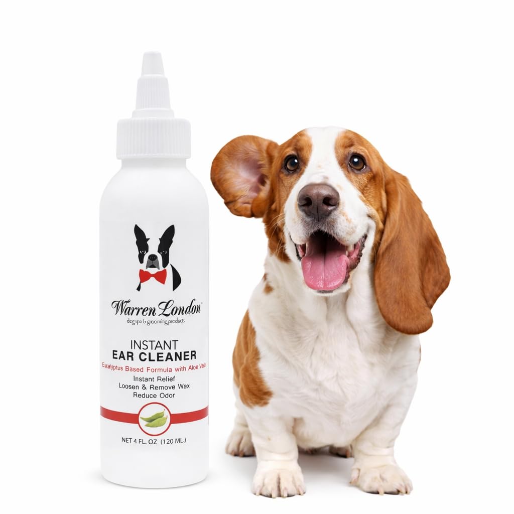 Warren London Ear Cleaner for Dogs & Cats 4 oz | Instant Aloe & Eucalyptus Ear Wash Solution – Cleans, Deodorizes, Soothes Itchy Ears, Prevents Wax & Odor | Puppy & Kitten Safe | Made in USA | 4oz