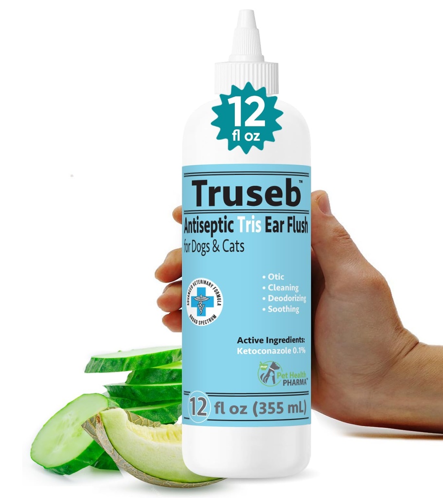 Truseb Advanced Strength Cat & Dog Ear Infection Treatment TrizmaxEDTA Flush, Medicated Pet Ear Wash, Flush, Dog Ear Cleaner Solution Medicated Ketoconazole 0.1% Helps Ear Itching Redness Swell (12oz)