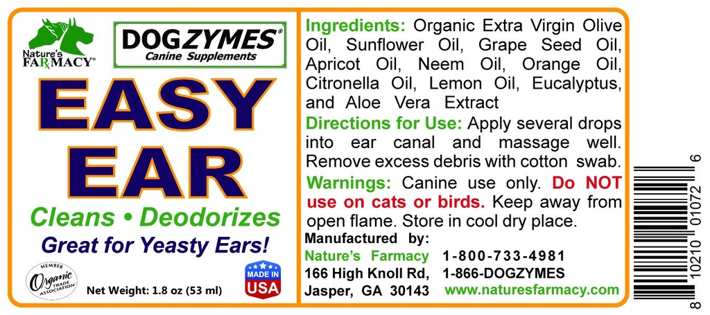 Dogzymes Nature's Farmacy Easy Ear - All Natural Dog Ear Cleaner (1.8 Ounce) Excellent for Cleaning and deodorizing The Ear. Does not Dry or Irritate The Ear. Really Brings The “gunk” Out of The Ear.