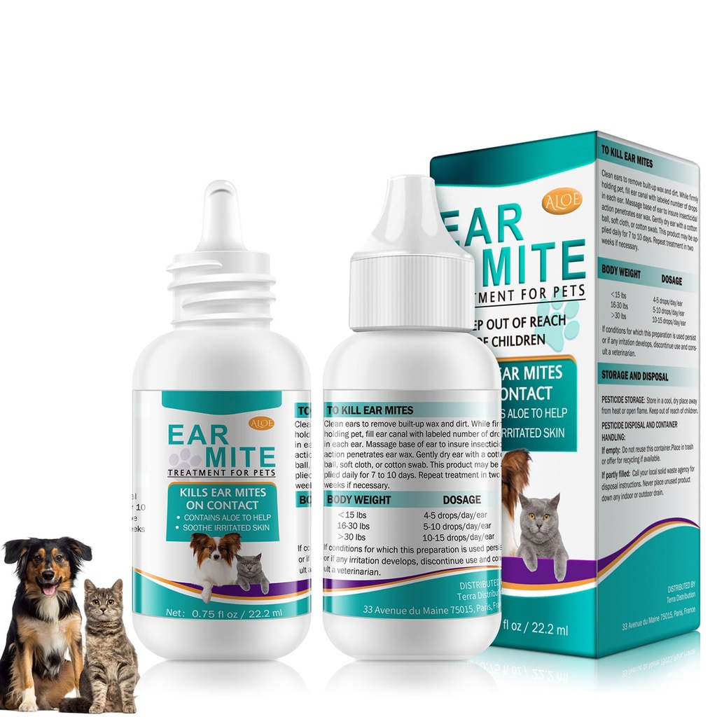 Ear Mites Clean for Dogs & Cat - with Aloe Vera, Cleaner on Contact & Soothes Itching, Vet-Recommended Formula for Pets Ear Cleaning, Fast-Acting 0.75oz