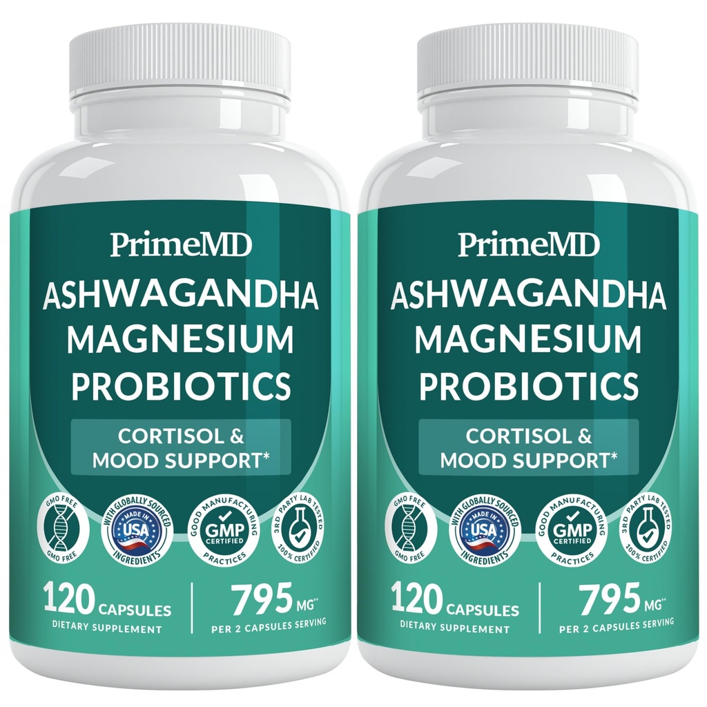 5-in-1 Cortisol Supplement for Women and Men with Ashwagandha for Calmness, Focus, and Adrenal Support Supplements with Shilajit Extract, Magnesium Glycinate, Probiotics (120 ct) (Pack of 2)