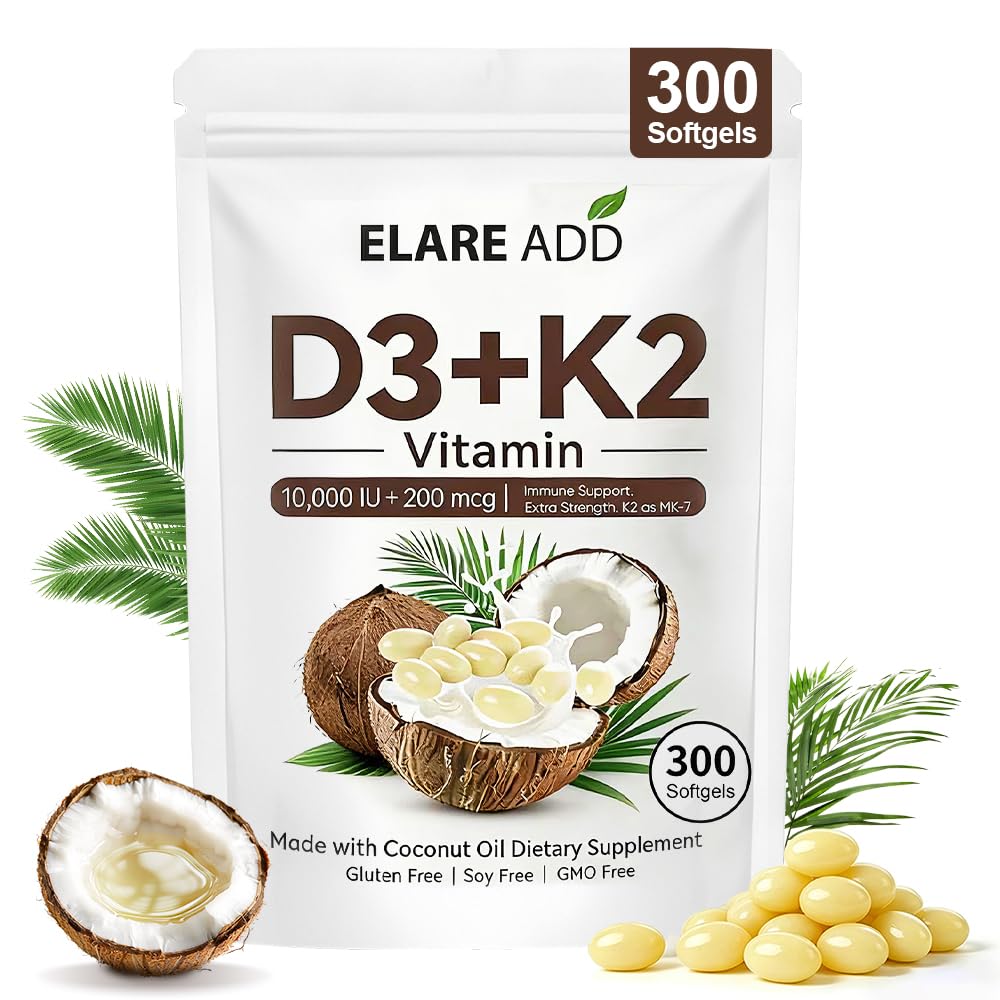 Aeteon Vitamin D3 K2 10,000 IU, K2 MK-7 200 mcg, Virgin Coconut Oil, 2-in-1 Replenish Formula, Supports in Calcium Absorption, Easy to Swallow, Non-GMO, Gluten Free, 300 Capsules