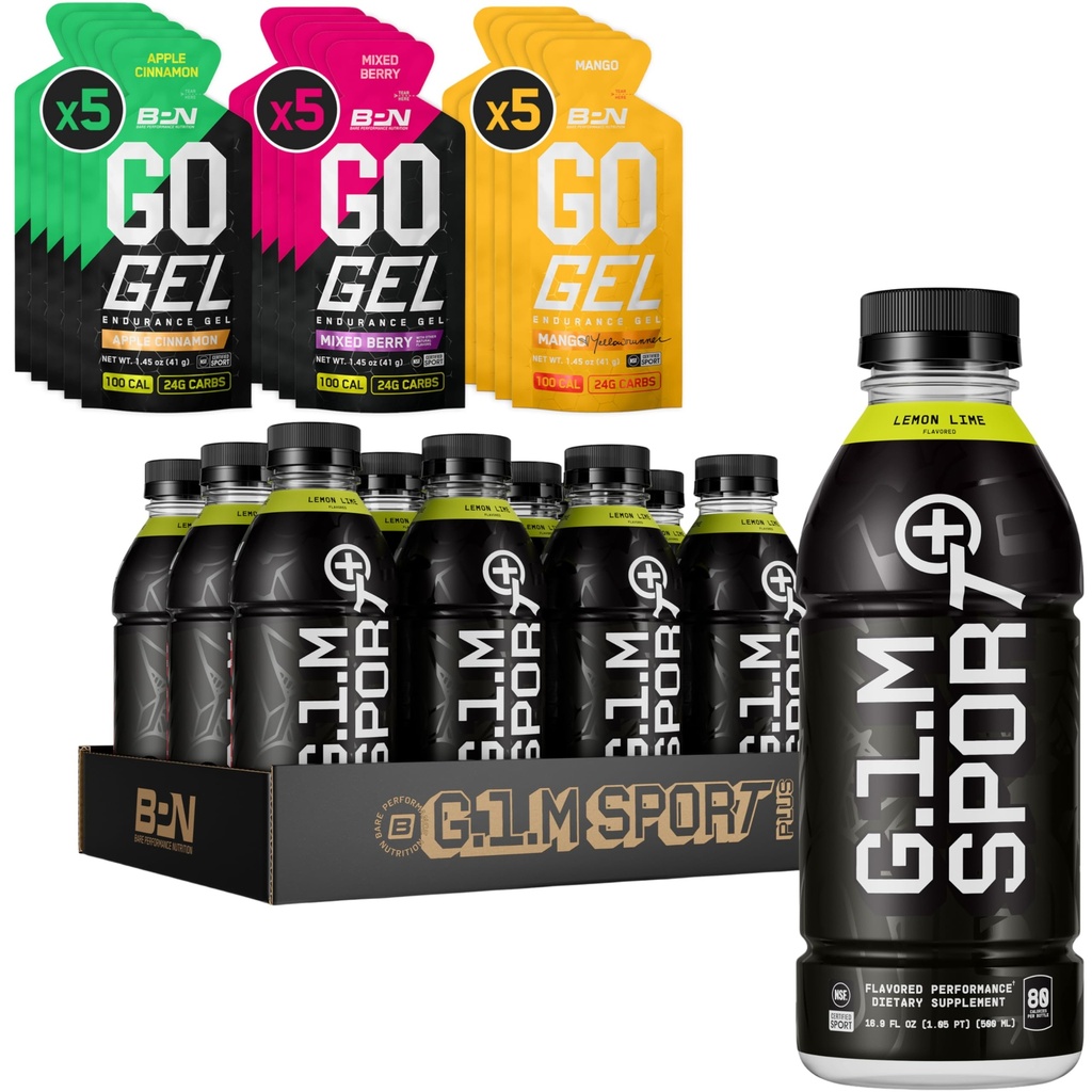 BARE PERFORMANCE NUTRITION BPN Go Gel Endurance Variety Pack – 15 Single-Serving Gels + G.1.M Sport+ RTD Endurance Drink – Lemon Lime 12 Pack | Energy Gel + Ready-to-Drink Endurance Fuel Bundle