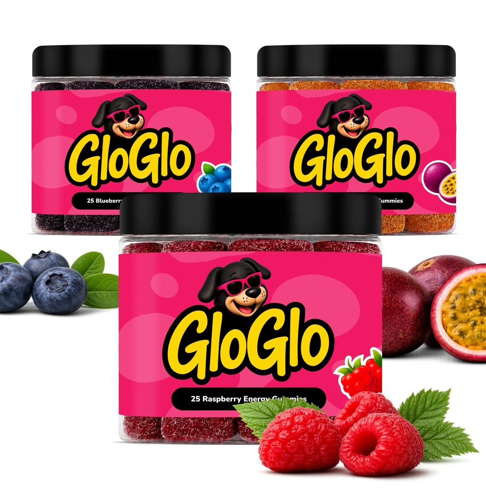 GloGlo Dextrose Energy Chews | Glucose Gummies for Running, Cycling & Endurance | Fast Glucose Gel Packs Alternative | Vegan, Gluten Free | Variety Pack | 75 Gummies (3 Jars of 25)
