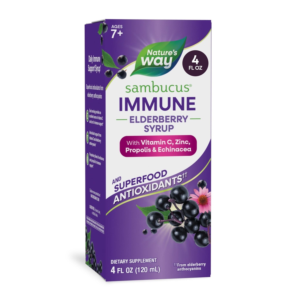 Nature's Way Sambucus Elderberry Immune Syrup, Elderberry extract Vitamin C και Zinc με Propolis & Echinacea για ανοσοποιητική υποστήριξη*, Gluten Free, Vegetarian, 4 Fl Oz