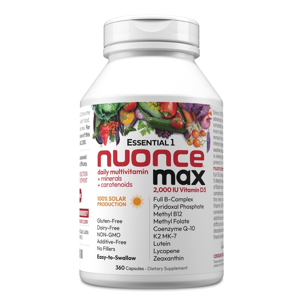 ANDREW LESSMAN Essential-1 nuonce max Multivitamin 2000 IU Βιταμίνη D3 360 Μικρά Καψάκια. 100 mcg Methyl B12. CoQ10 Lutein Lycopene Zeaxanthin. Υψηλή ισχύς. Χωρίς Πρόσθετα. Ultra- Mild One Καθημερινή Καψάκιο