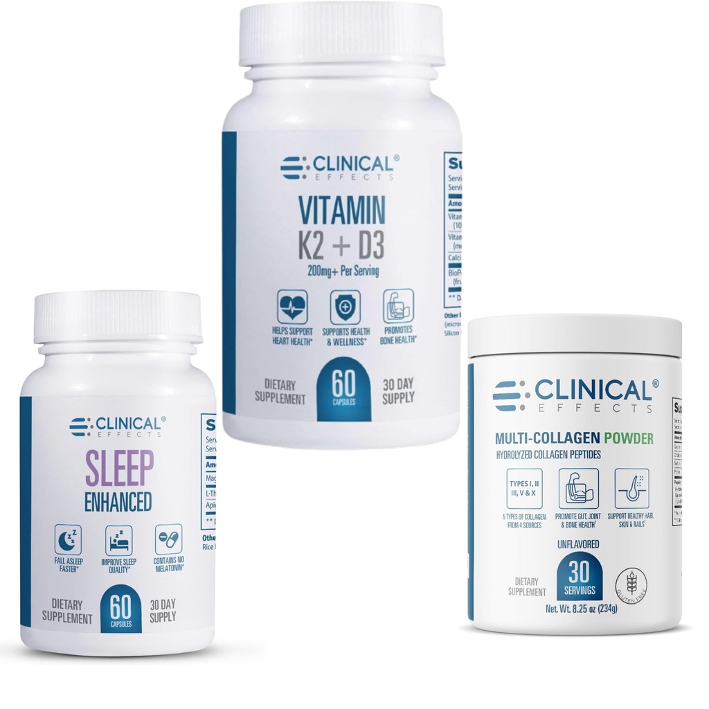 Clinical Effects Bone, Heart and Sleep Bundle - Vitamin K2 D3 with Bioperine, Magnesium Glycinate Sleep Support and Multi Collagen Powder - Complete Bone Density, Heart Health and Recovery Stack