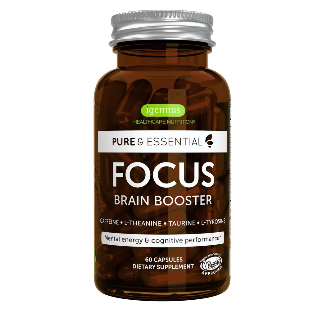 Igennus Focus - Nootropic with 200mg Natural Caffeine, Methylated B Vitamins, L-Theanine, Taurine, L-Tyrosine, Clean Energy, Brain Booster & Cognitive Performance, Non Jittery, 60 Capsules