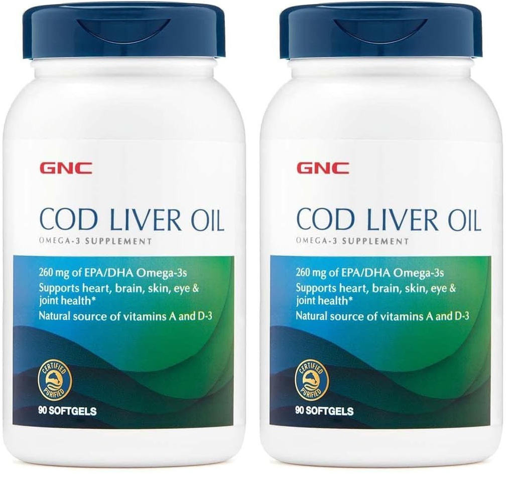 GNC Cod Liver Oil Omega 3 Supplement, 260mg EPA and DHA, Supports Heart, Brain, Skin, Eye and Joint Health, 90 Softgels (Pack of 2)