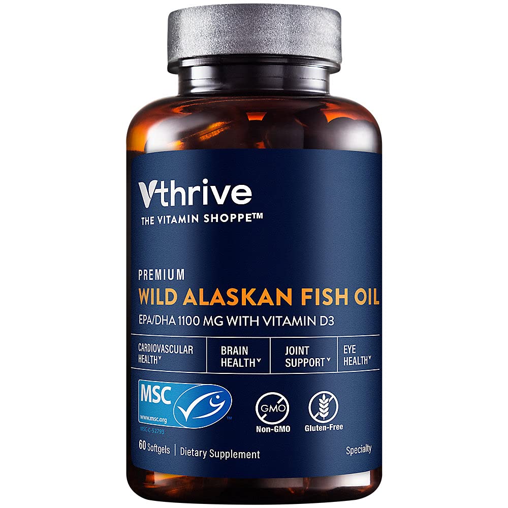 Vthrive Premium Wild Alaskan Fish Oil with Vitamin D3 - Supports Cardiovascular Health - 1,375 DHA/EPA (60 Softgels)
