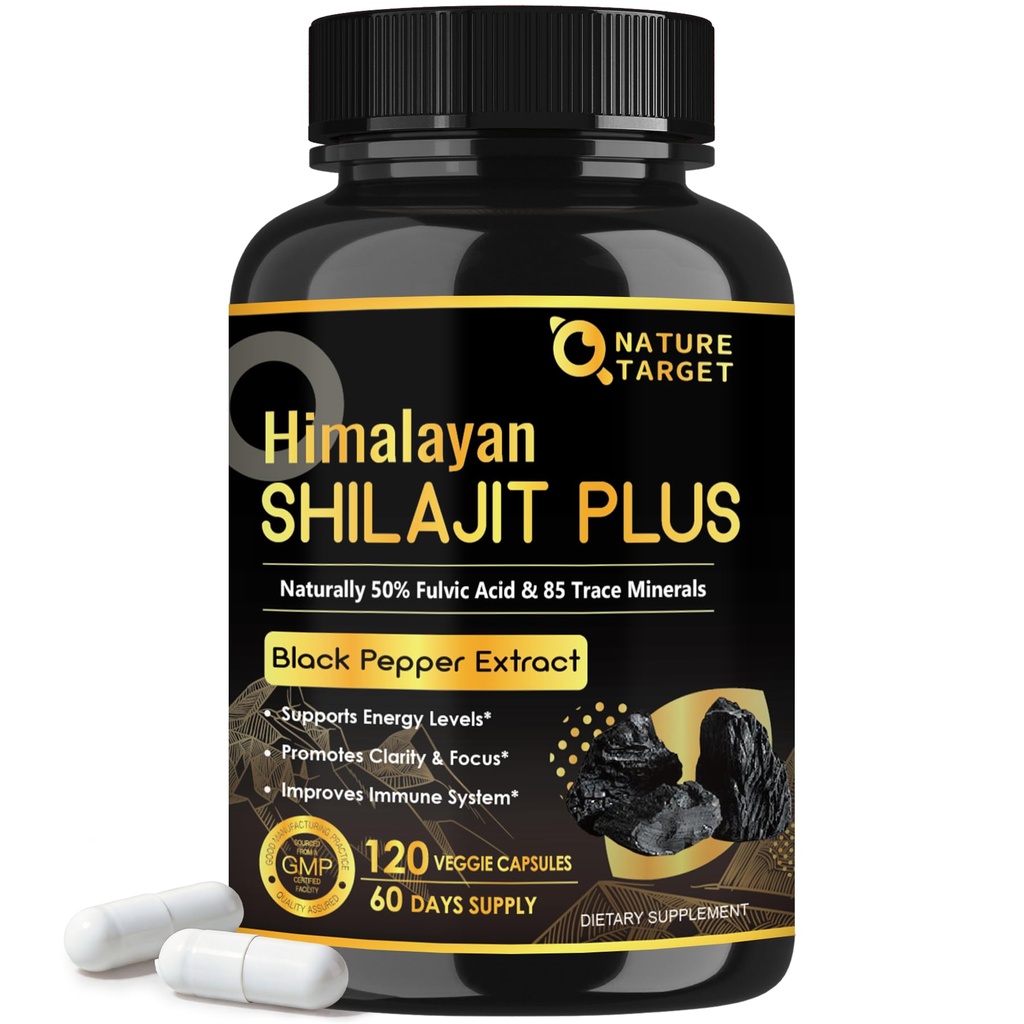 NATURE TARGET Himalayan Shilajit Capsules - 500mg Pure Shilajit with 50% Fulvic Acid & Black Pepper - Energy, Focus & Vitality - 120 Vegan Capsules