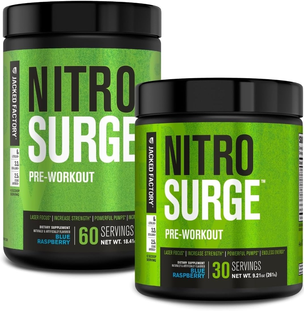 Jacked Factory NITROSURGE Pre Workout Supplement - Energy Booster, Instant Strength Gains, Clear Focus & Intense Pumps - NO Booster & Powerful Preworkout Energy Powder - 90 Servings, Blue Raspberry