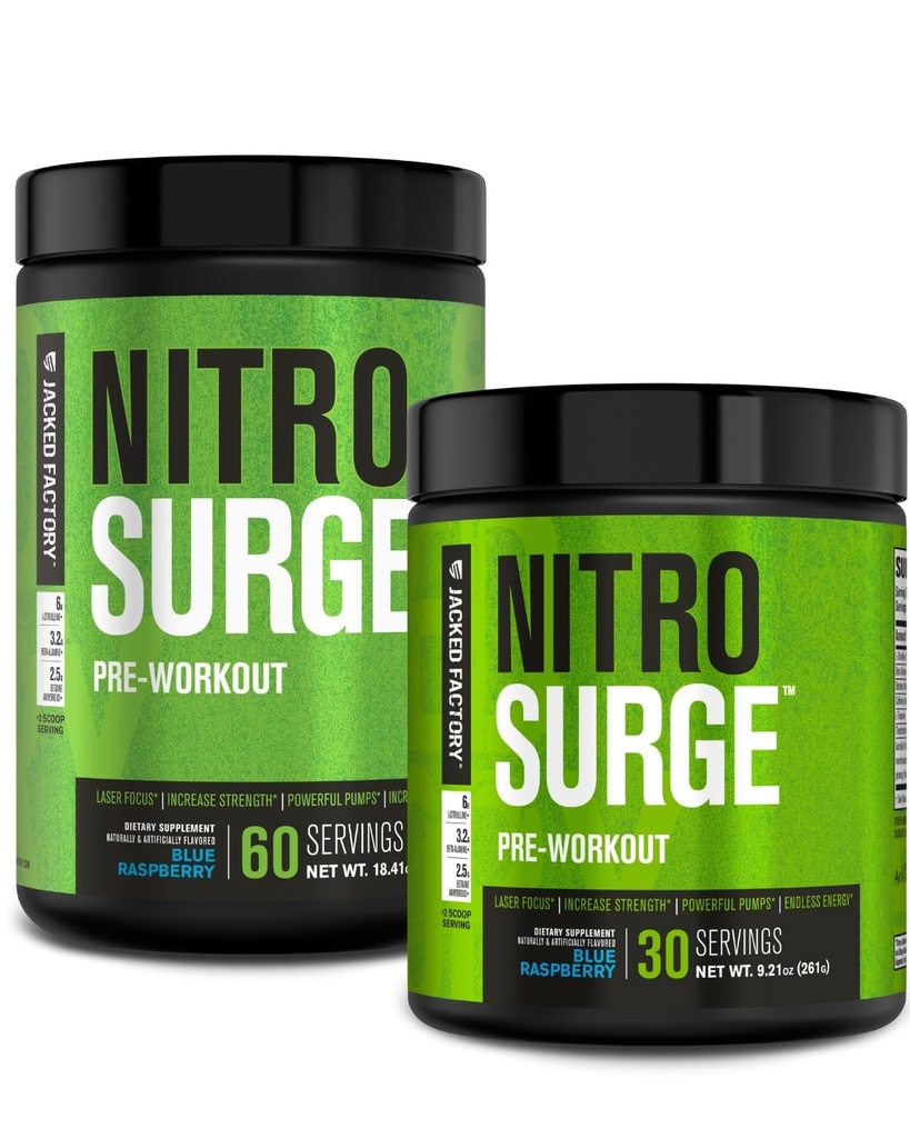 Jacked Factory NITROSURGE Preworkout Supplement - Energy Booster, Instant Strength Gains, Clear Focus & Intense Pumps - ΟΧΙ Booster & Ισχυρή Preworkout Energy Powder - 90 Servings, Blue Raspberry