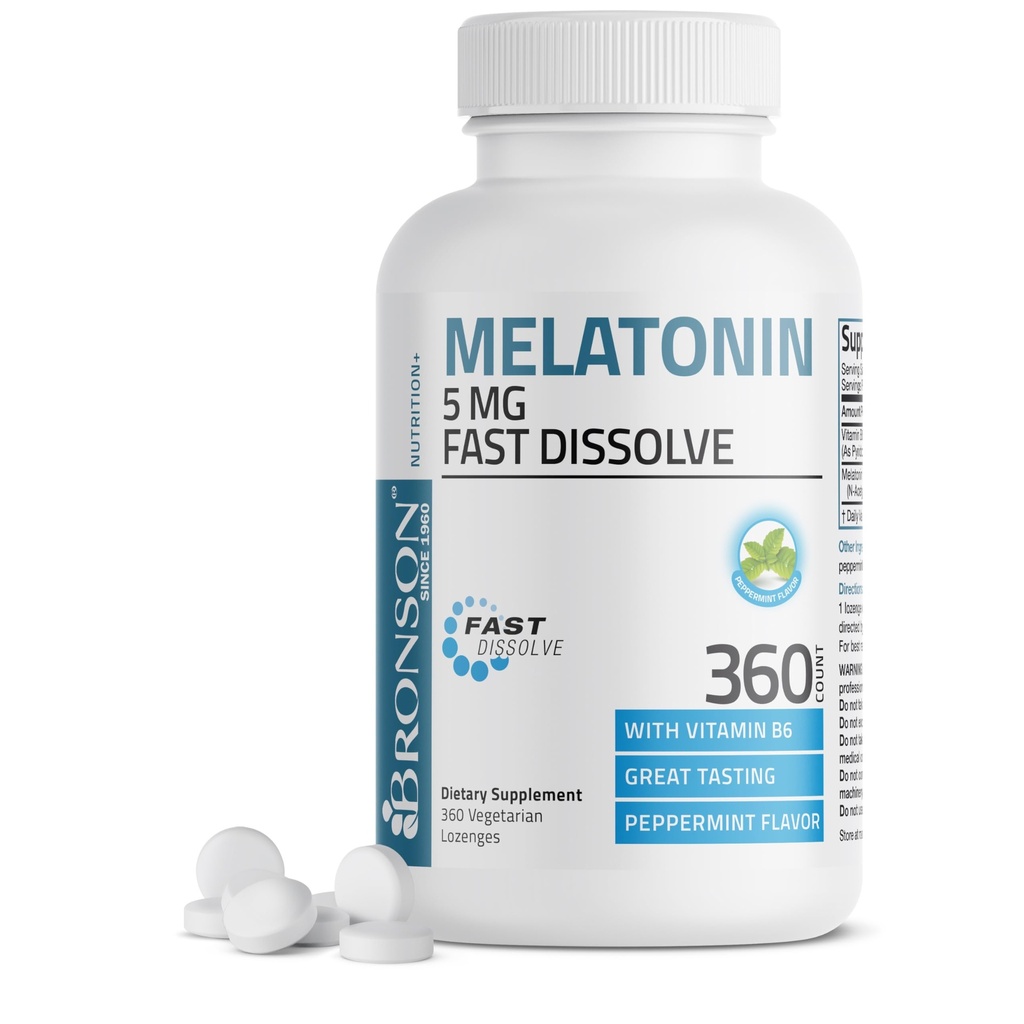 Bronson Μελατονίνη 5mg Γρήγορη Διαλύστε τα δισκία μέντας με βιταμίνη Β6 - Προάγει την χαλάρωση, 360 χορτοφαγικά Μασώμενα Lozenges