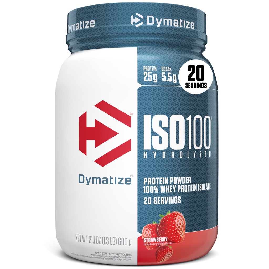 Dymatize ISO100 Whey Protein Powder Isolate, Φράουλα, 25g πρωτεΐνης, 5.5g BCAAs, λιγότερο από 120 Cal., Χωρίς γλουτένη, 1g λίπος, 1g ζάχαρη, 2g υδατανθράκων (20 σερβίτσια)