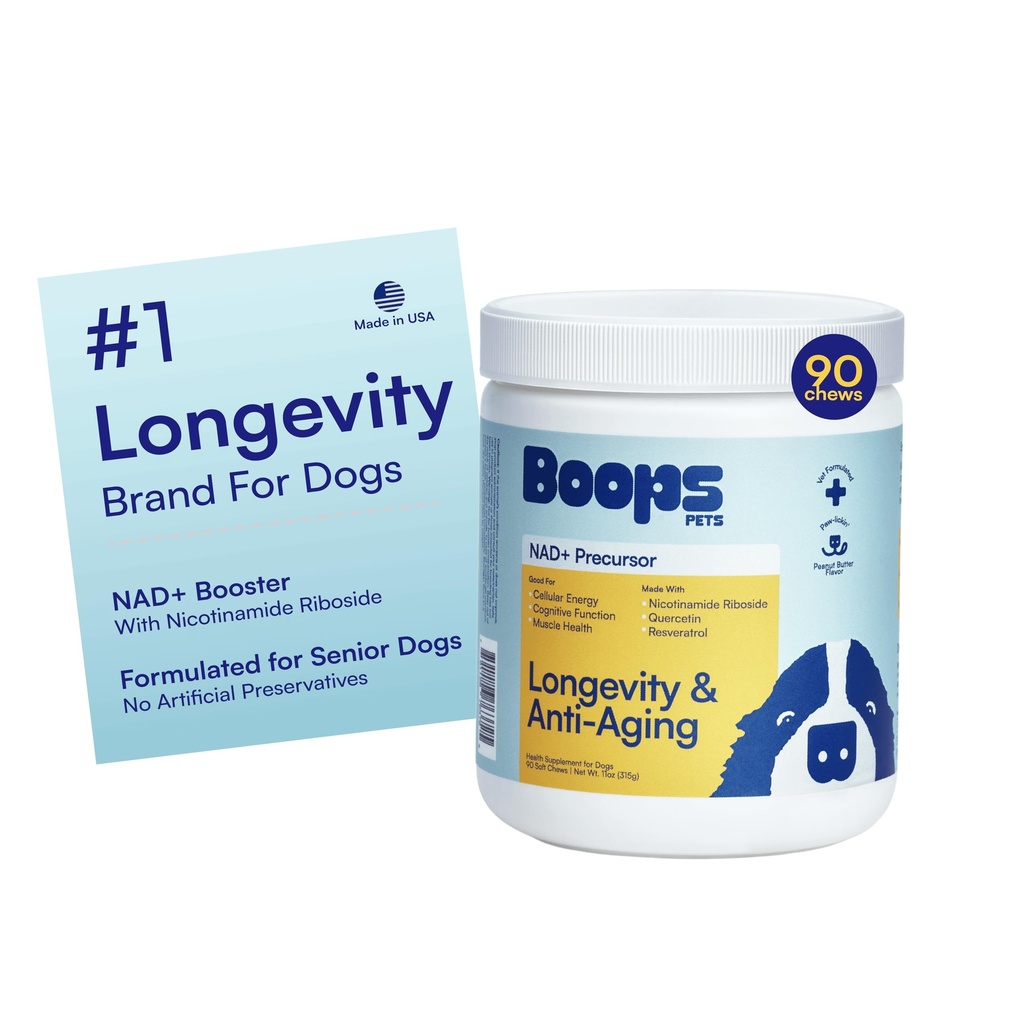 NAD+ Precursor & Senior Dog Supplement - 90 Soft Chews - NMN Alternative for Longevity & Healthy Aging - Nicotinamide Riboside, Resveratrol, Quercetin, Made with Pasture-Raised Chicken