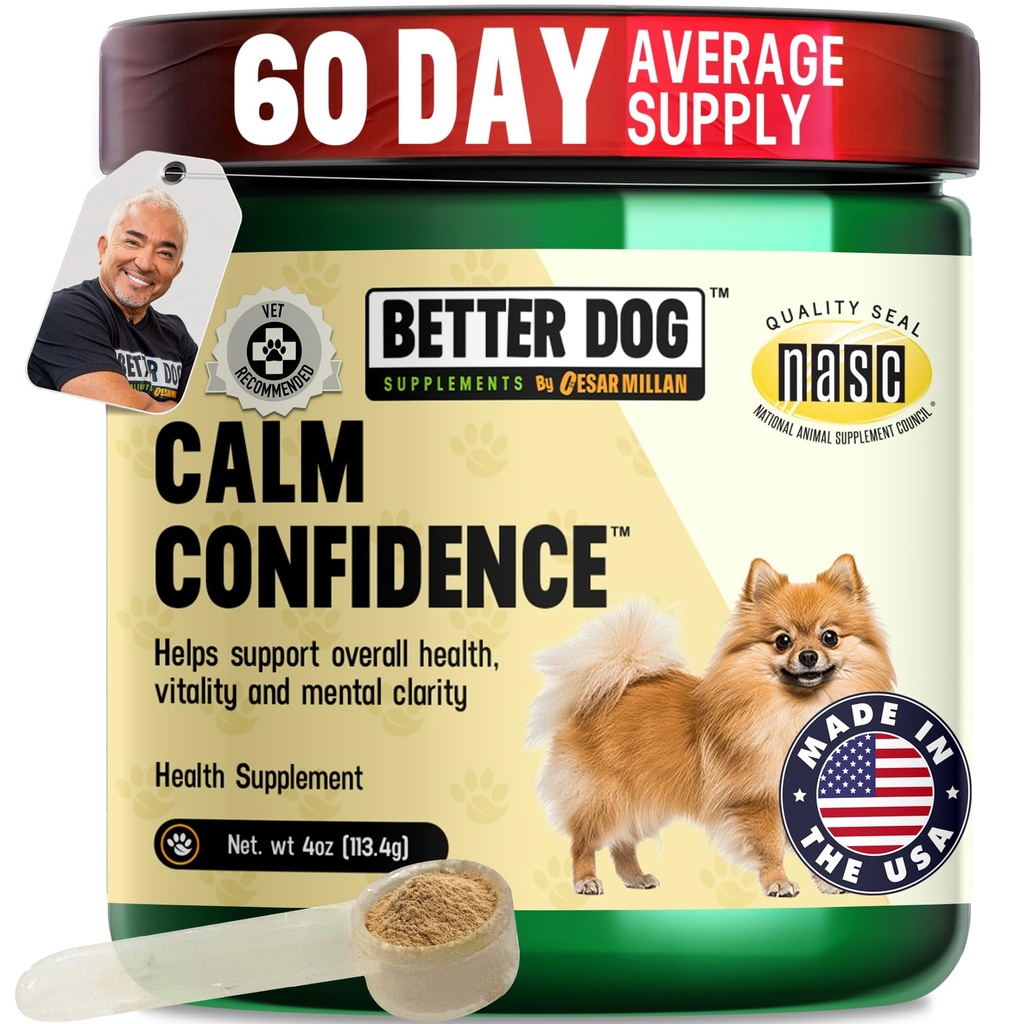 Better Dog Supplements by Cesar Millan® Calm Confidence Natural Brain Support & Dog Cognitive Supplement – Energy, Vitality & Focus Supplement with Ashwagandha & Other Herbs – 4oz (60-Day Supply)