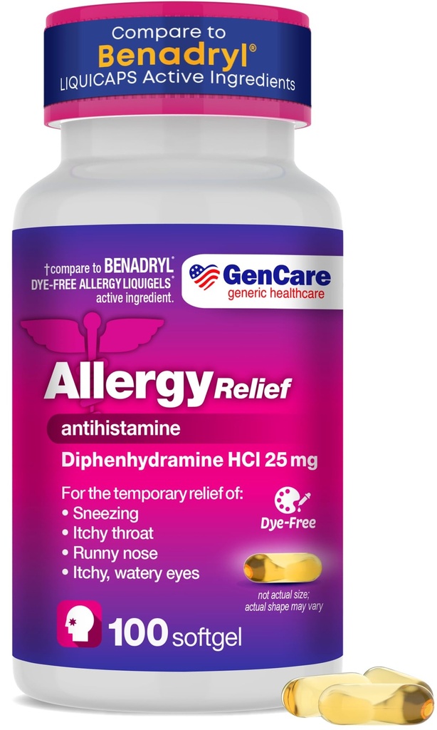 GenCare Allergy Relief Medicine – 100 Softgels – Diphenhydramine 25mg – Antihistamines for Adults for Congestion, Sneezing, Runny Nose, Itchy Eyes & Throat – Generic for Dye Free Liquid Gels
