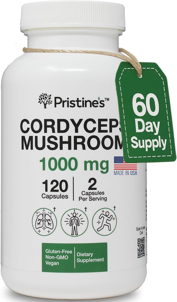PRISTINE'S Cordyceps Mushroom Capsules - 60 Day Supply 1000 MG - Athletic Performance, Endurance & Immunity Adaptogen Supplement - Anti Aging Support Antioxidant